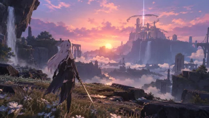 A fantasy landscape at sunset