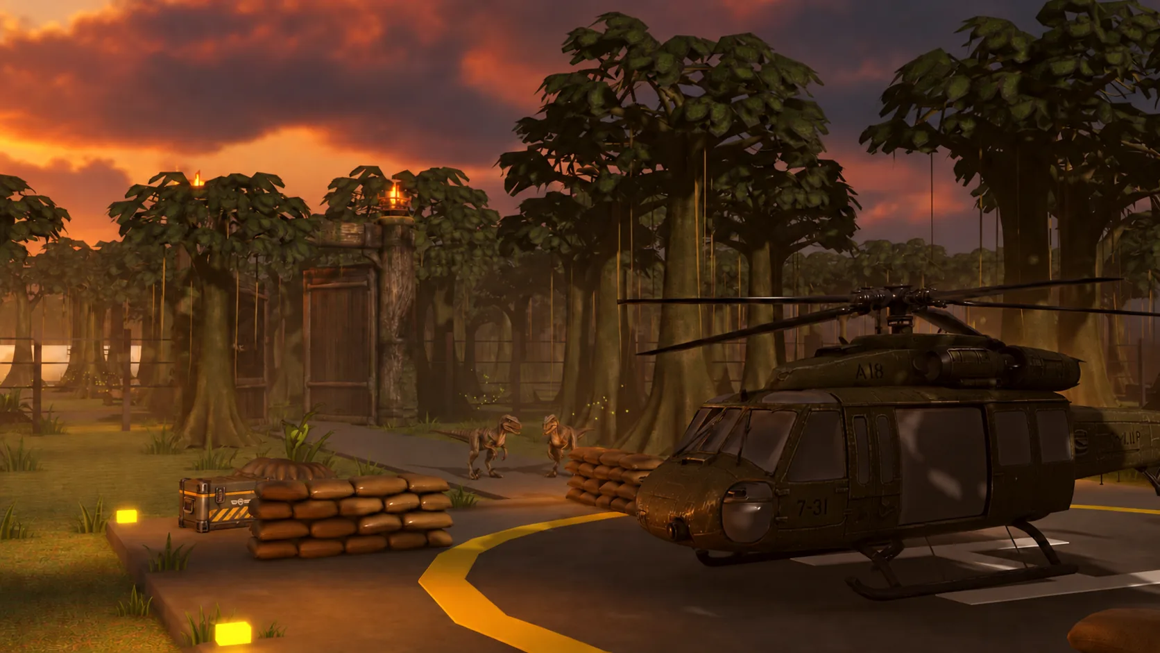 A helicopter and dinosaurs in a jungle park at sunset.