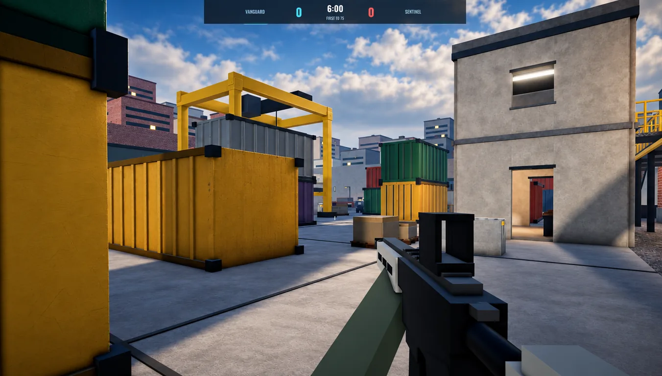 A first-person game in a colorful shipping container yard.