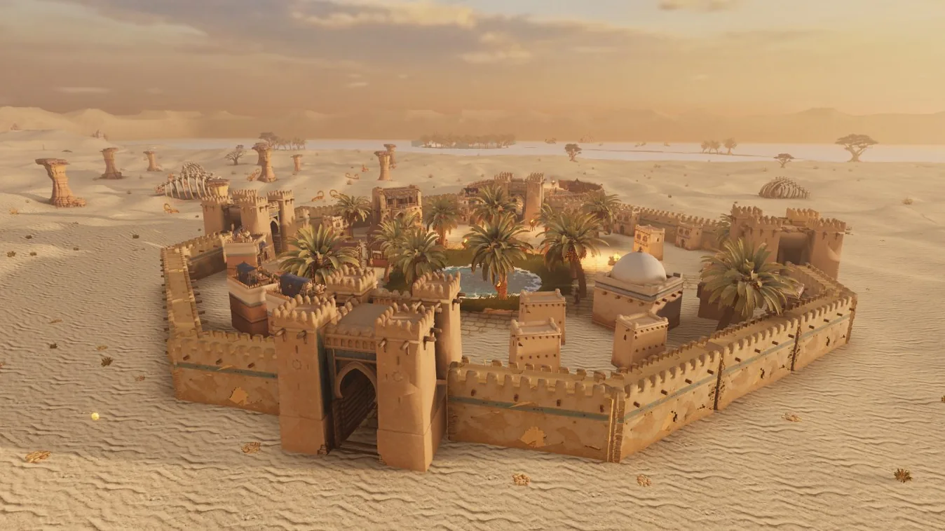 A desert town surrounded by palms and sandstone walls.